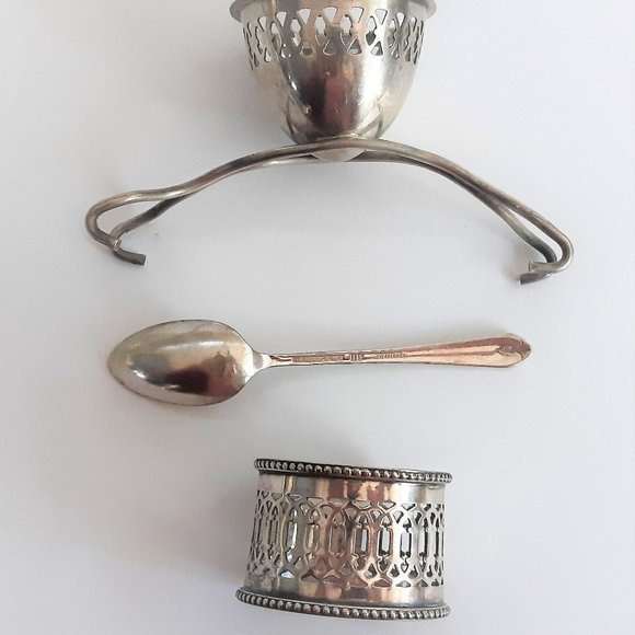 VTG Antique Pierced Egg Cup Napkin Holder Mixed Set Silverplate Art Deco - Picture 3 of 7